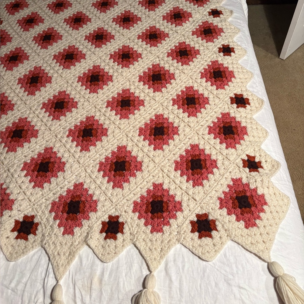 Handmade Crochet Blanket in Rust and Cream with Tassels